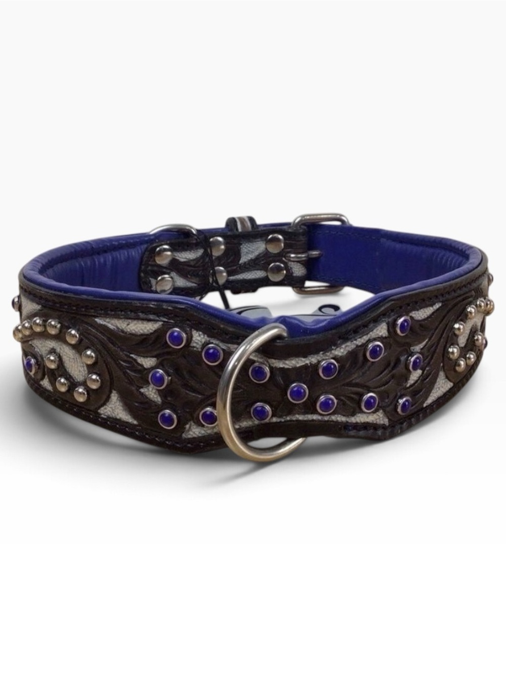 Madcow genuine leather contemporary dog collar handcraf black cerule blue silver